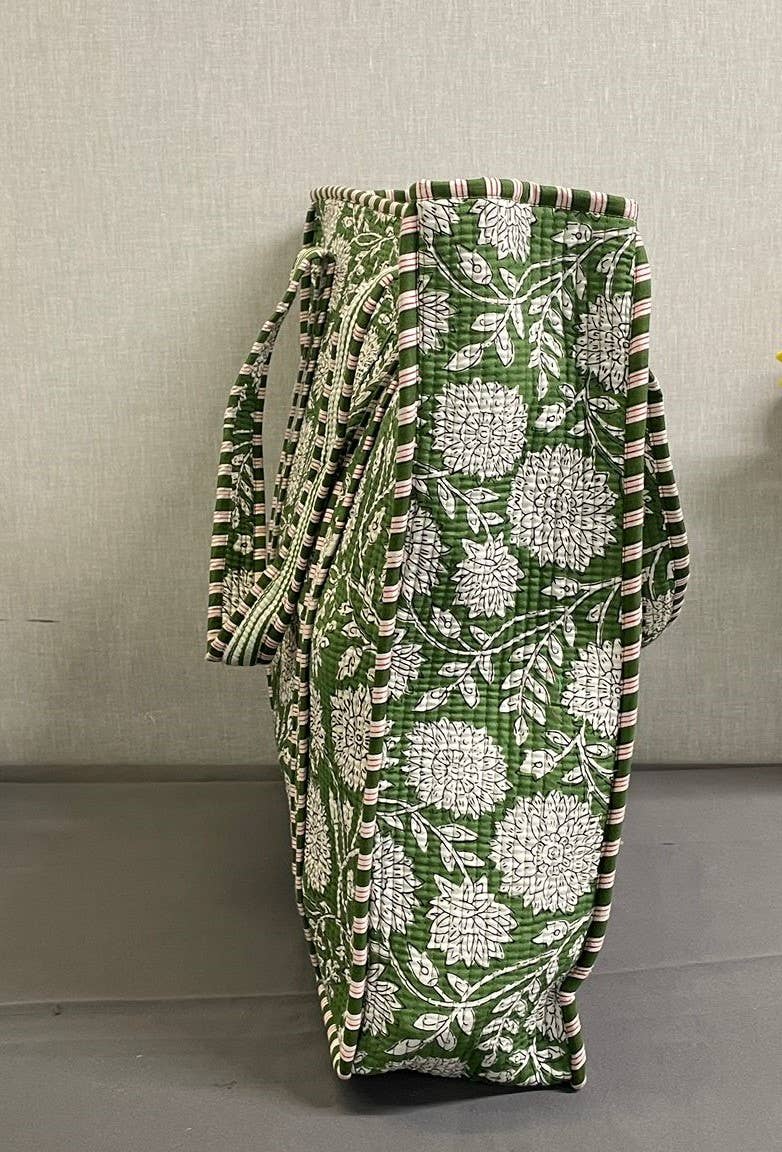 Cotton Kantha Quilted Green Floral Tote Bag