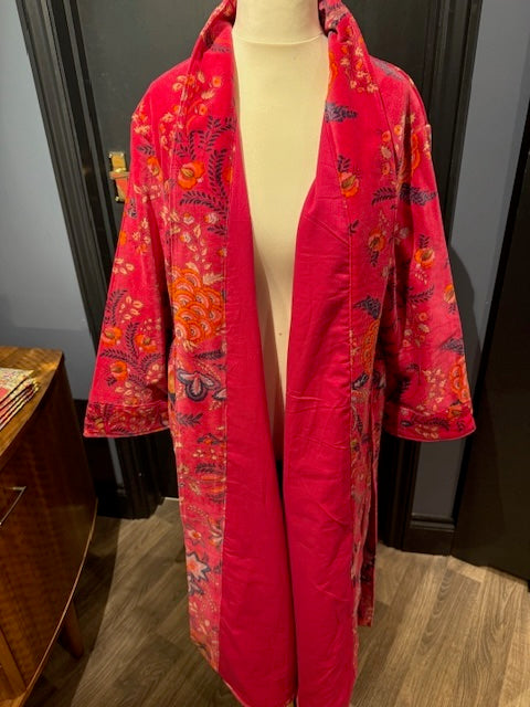 Hot Pink Floral Cotton Velvet Kimono