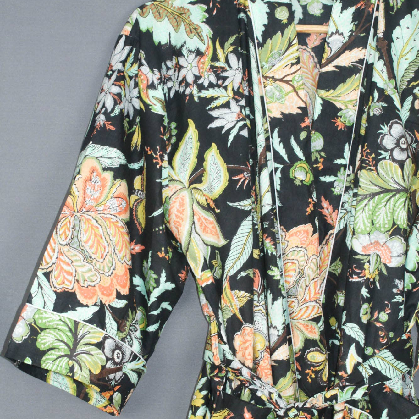 Cotton Kimono Dressing Gown - Black Tropical