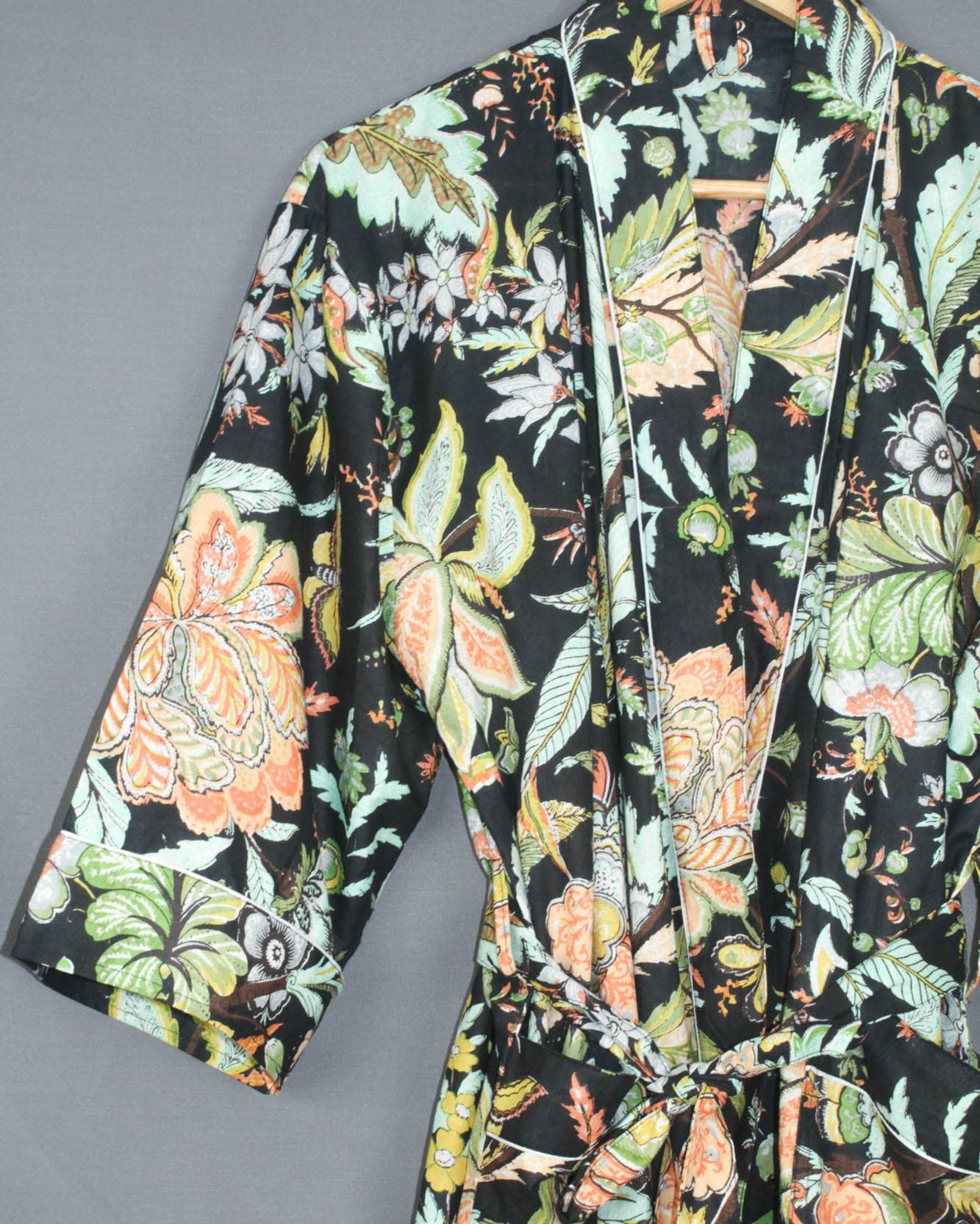 Cotton Kimono Dressing Gown - Black Tropical