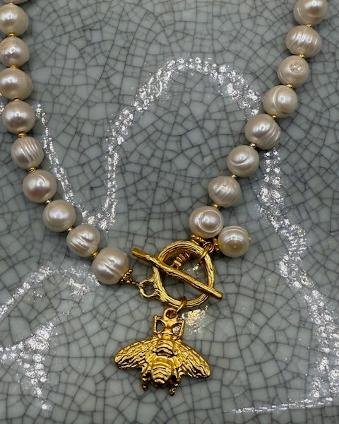 Freshwater Pearl & Gold Bee Necklace