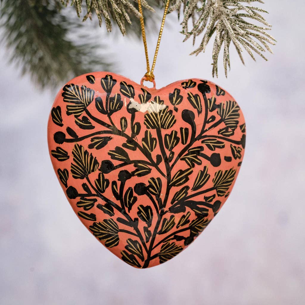 Black & Pink Floral Paper Mache Hanging Heart Ornament