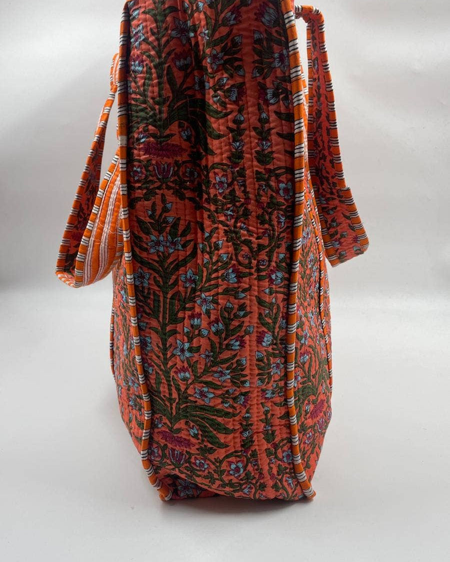 Orange Floral Cotton Quilted  tote Bag