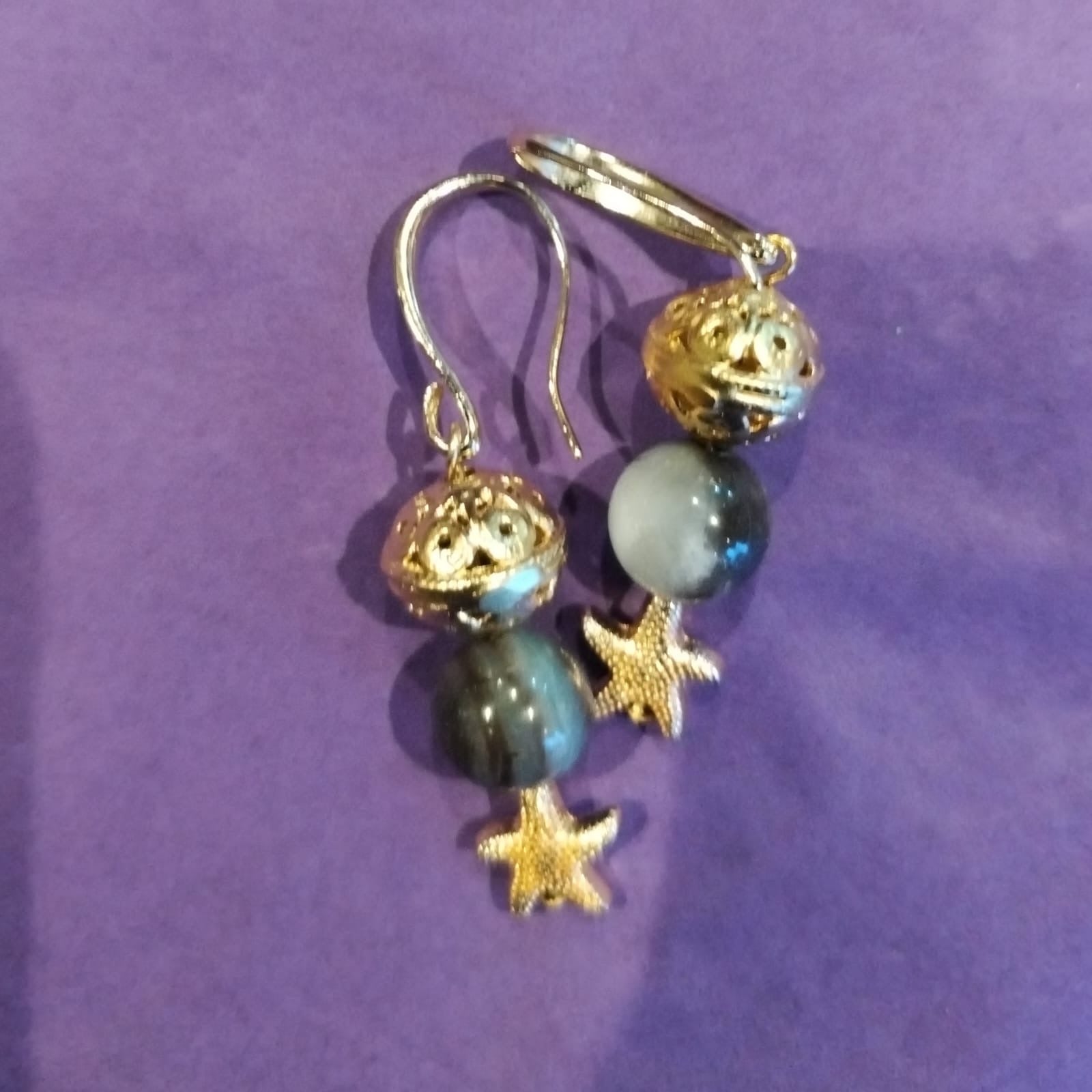Grey Agate & Gold Starfish Drop Earrings