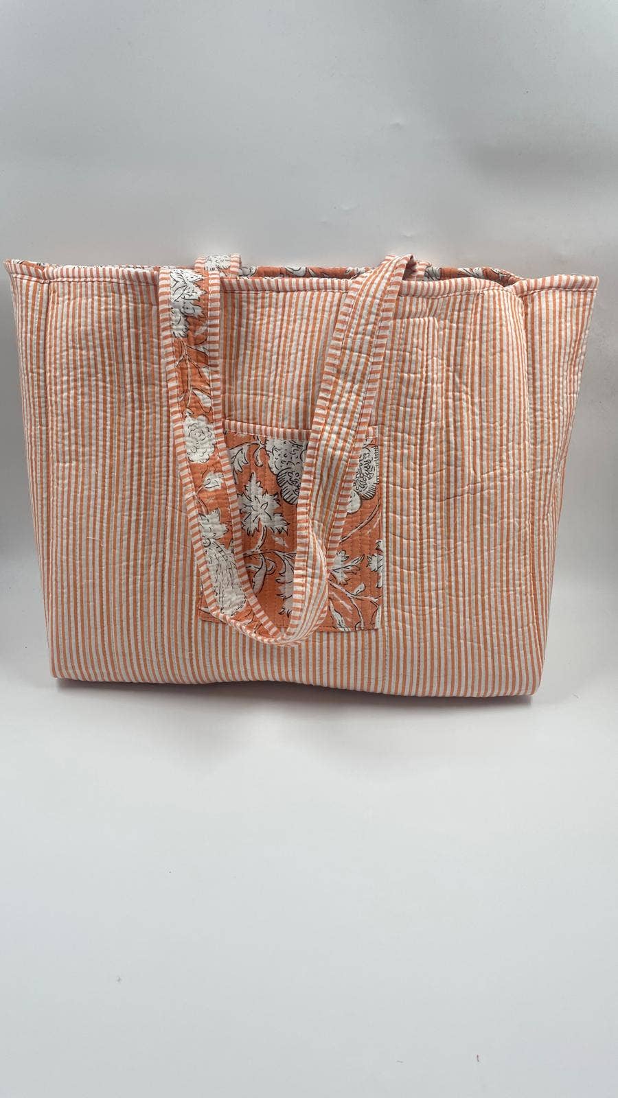Orange Cotton Quilted Boho Floral Reversible Tote Bag