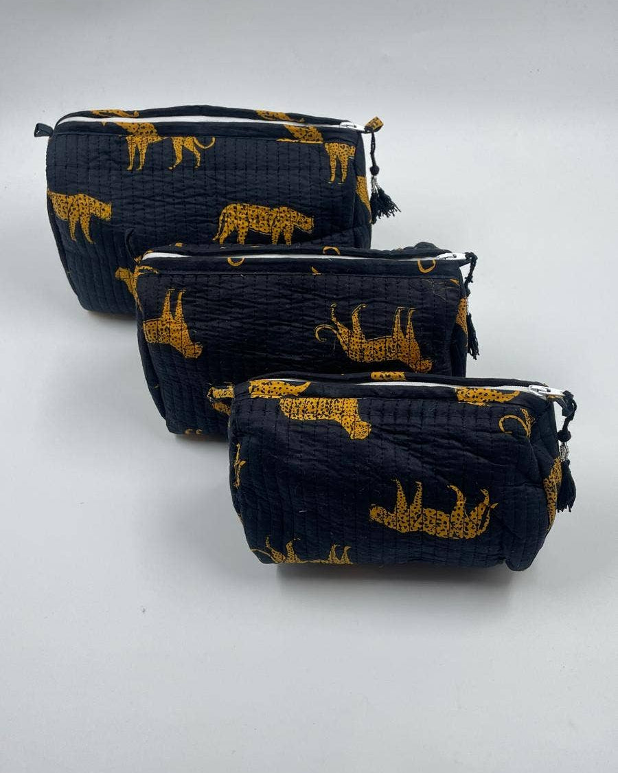 Black leopard print  quilted wash bags, set of three