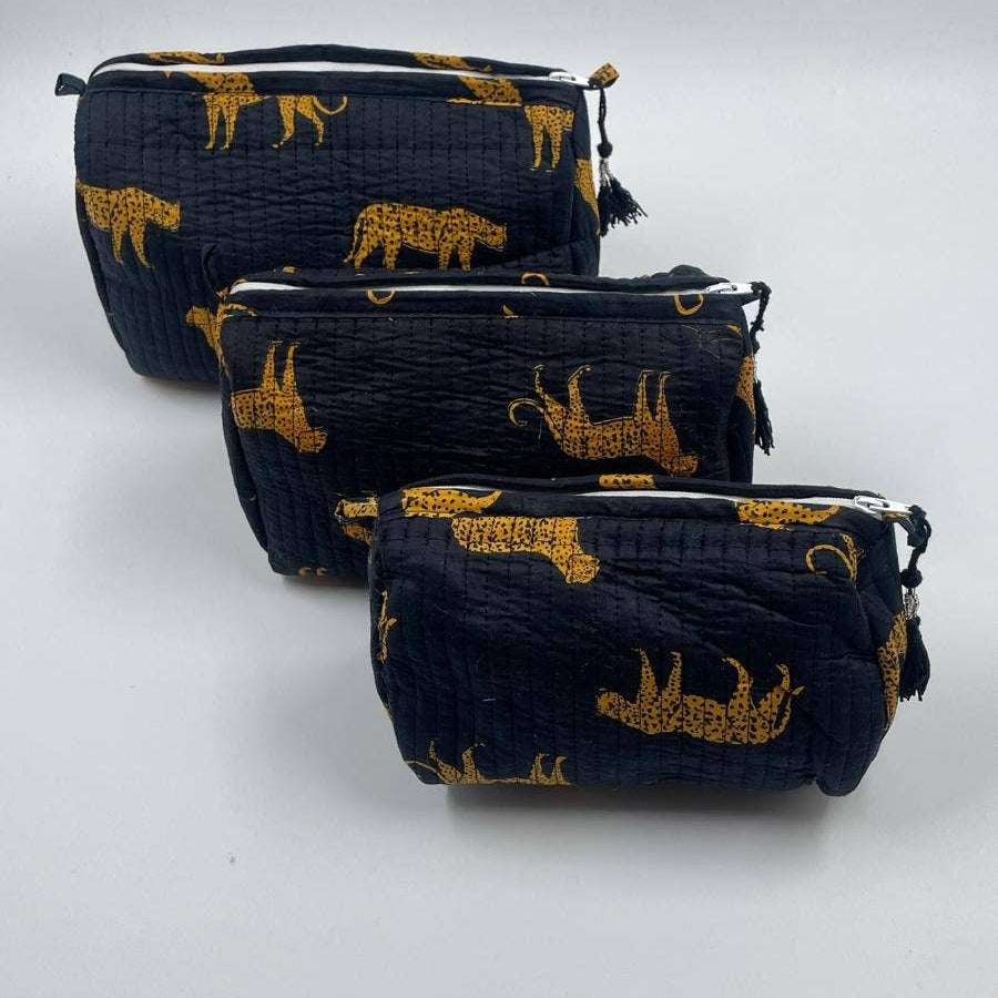 Black leopard print  quilted wash bags, set of three