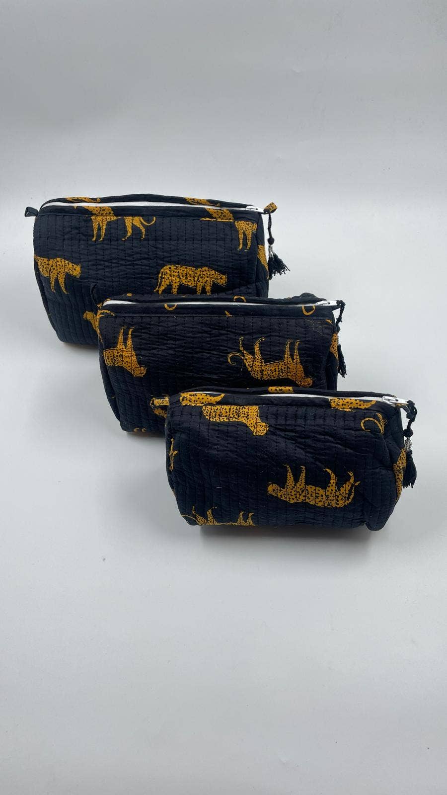Black leopard print  quilted wash bags, set of three