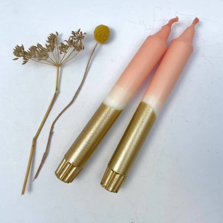 Blush Pink & Gold Dip Dyed Dinner Candles x 2