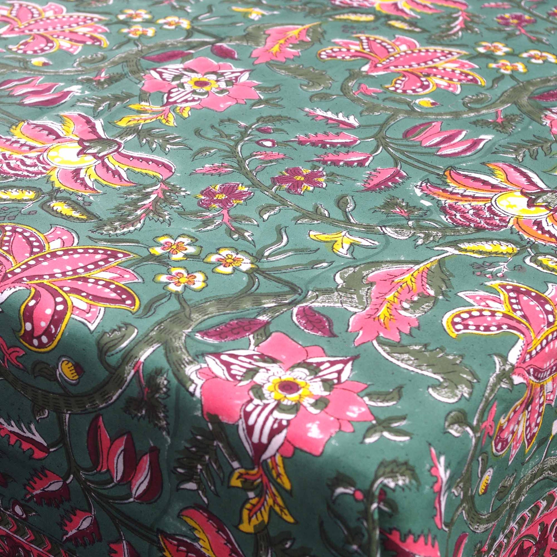 Six  Seater Block Printed Rectangular Tablecloth- Pink Green Magic