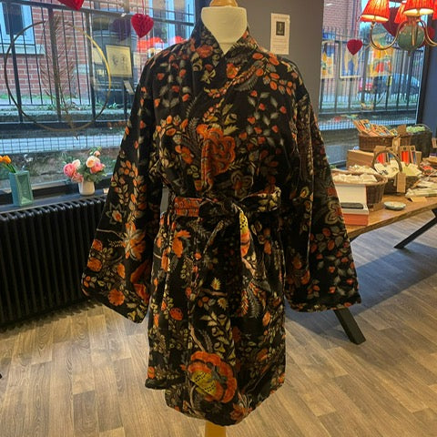 Luxury Velvet Robe - Black Botanical (short)