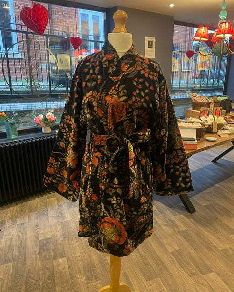 Luxury Velvet Robe - Black Botanical (short)