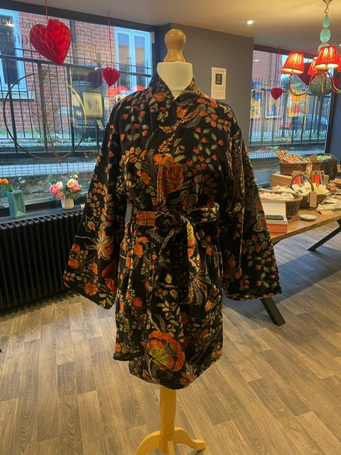 Luxury Velvet Robe - Black Botanical (short)