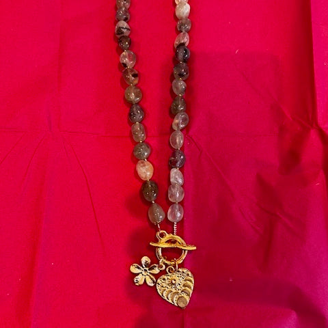 Prehenite Necklace with gold flower & heart