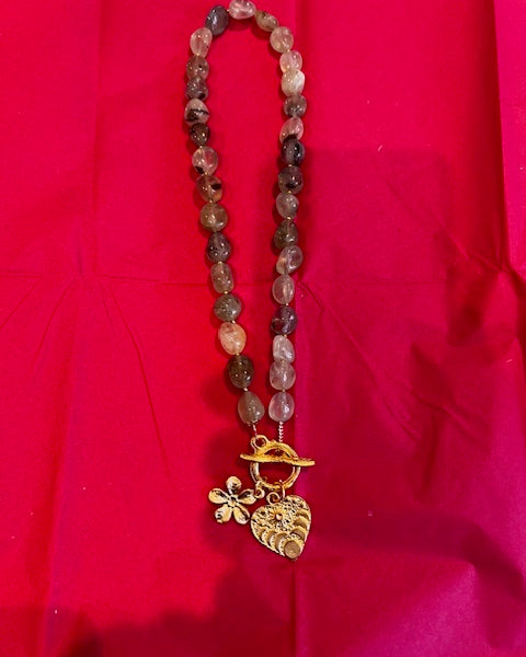 Prehenite Necklace with gold flower & heart