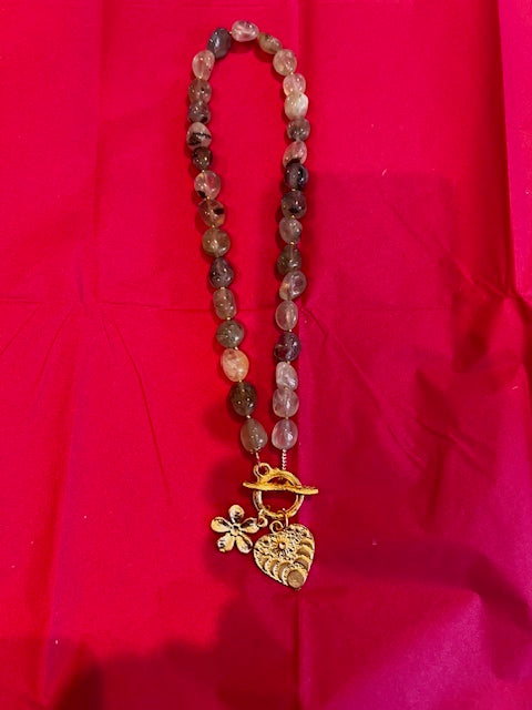 Prehenite Necklace with gold flower & heart