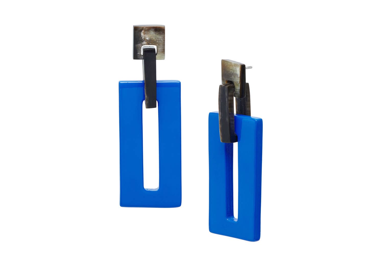Bright blue and black rectangle link horn earrings