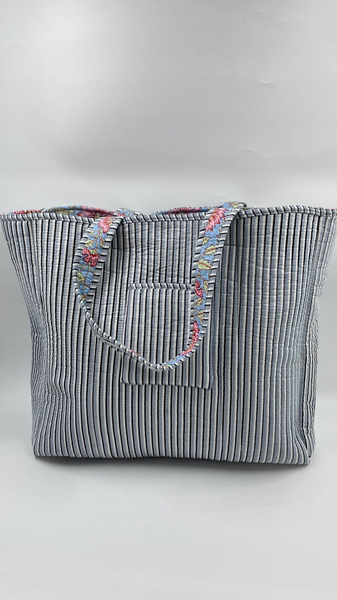 Blue & Pink Floral  Cotton Quilted Tote Bag