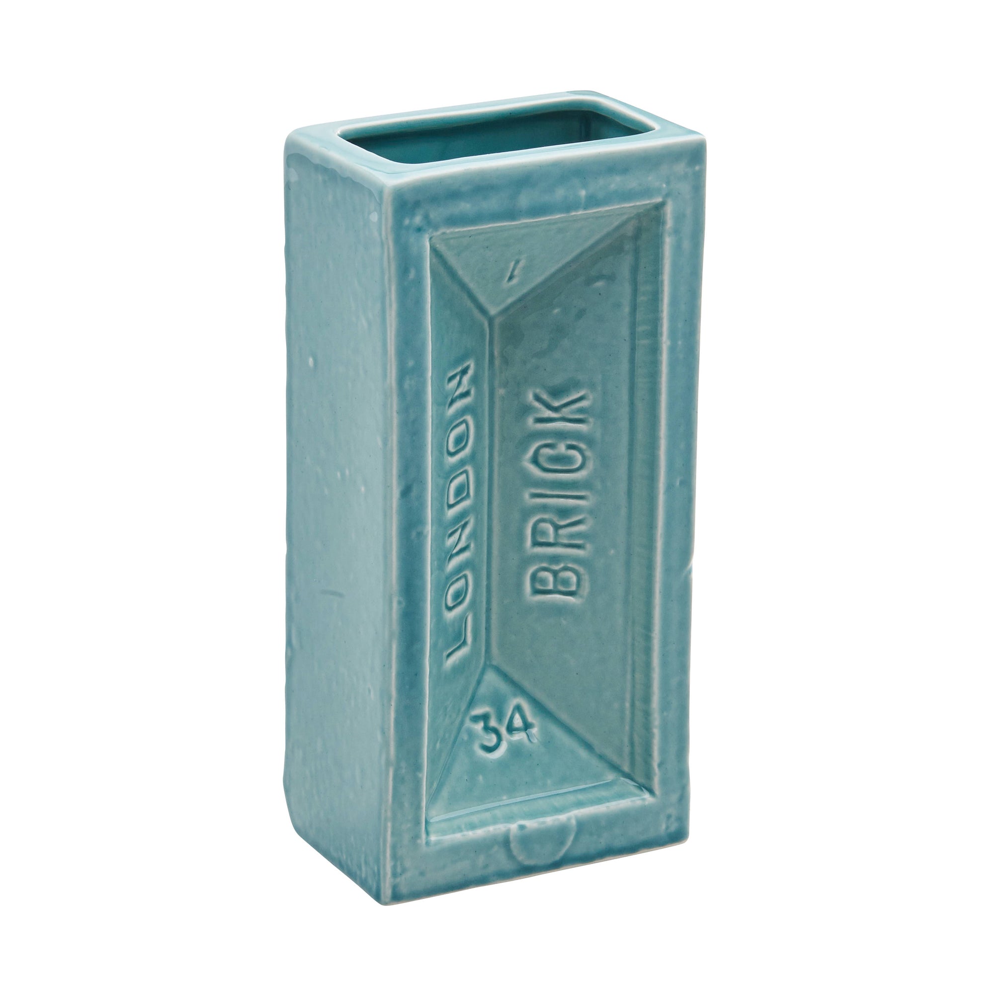 Teal rectangular vase with 'London Brick' text on a white background