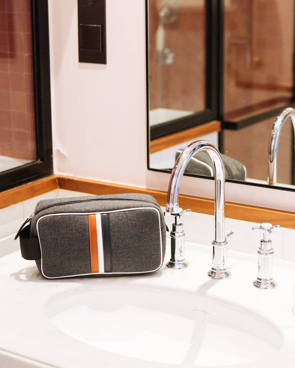 Men toiletry bagin Gray Red White Blue  fabric and leather