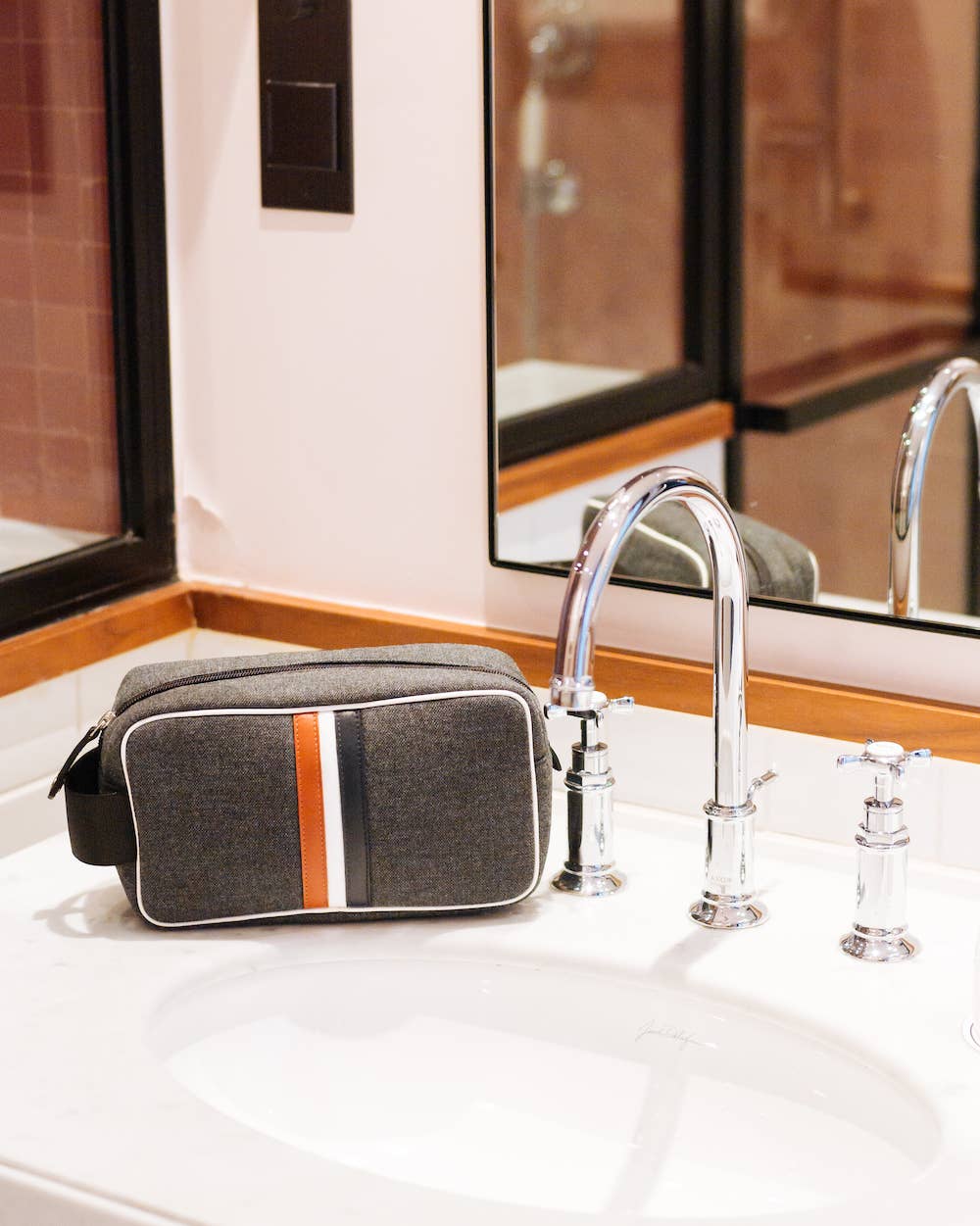 Men toiletry bagin Gray Red White Blue  fabric and leather