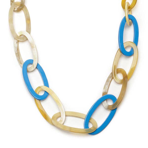 Necklace with blue and beige links on a white background