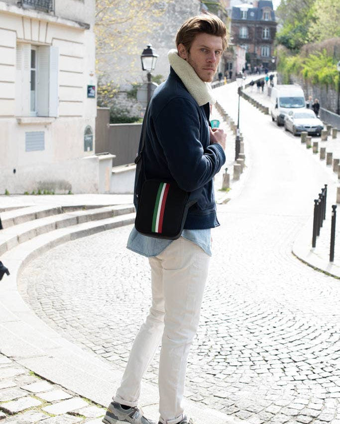 Men's shoulder bag in black fabric and upcycled leather