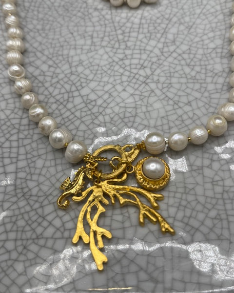 Freshwater pearl with pearl, seahorse and seaweed charms