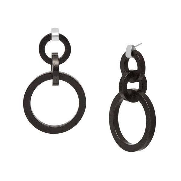 Black wood triple ring earring - Silver