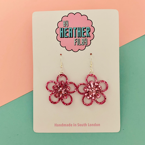 Floral Glitter Flower Earrings : Teal