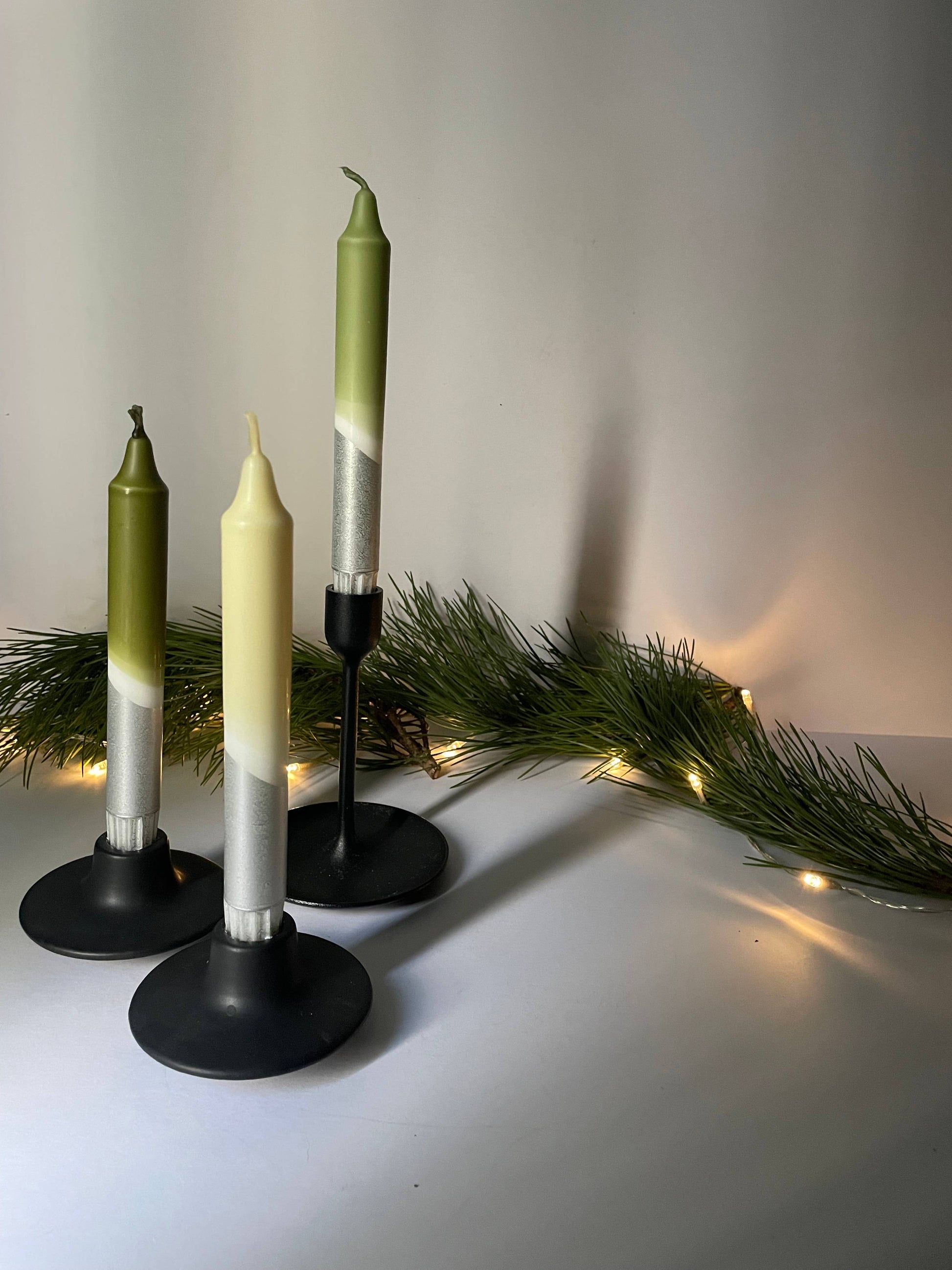 Frosted Forest & Silver Dip Dyed Dinner Candles