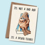 Card with a walrus illustration and humorous text on a light blue background