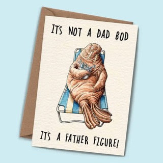 Card with a walrus illustration and humorous text on a light blue background