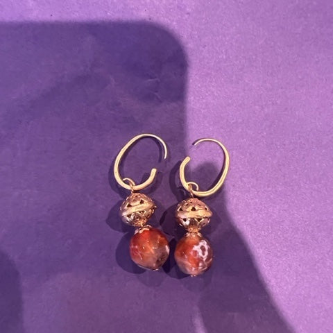 Red agate and gold ball hook earrings