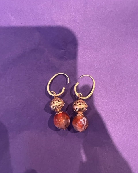 Red agate and gold ball hook earrings