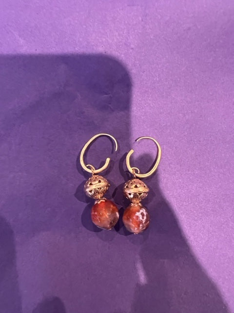 Red agate and gold ball hook earrings
