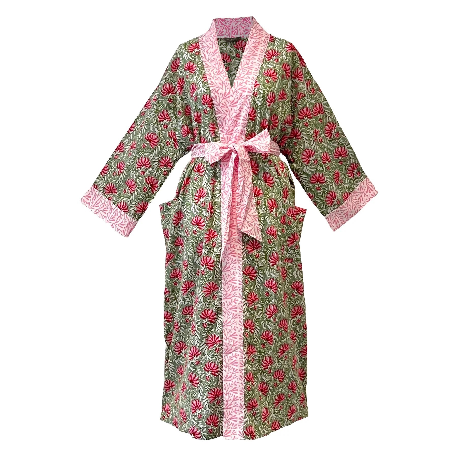 Floral patterned robe with pink trim on a white background