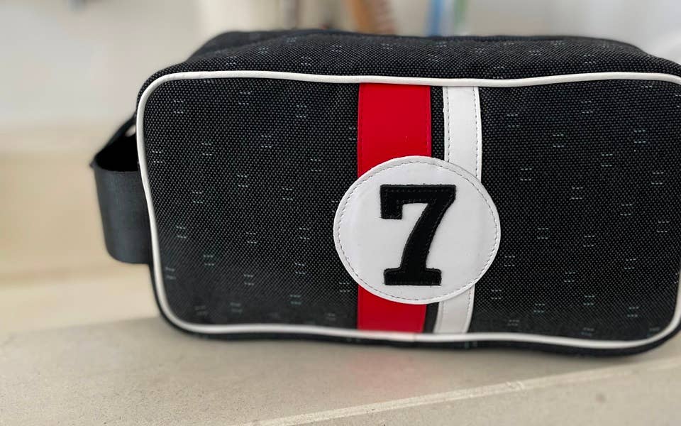 No 7 Man sustainable wash bag in canvas and leather red and white