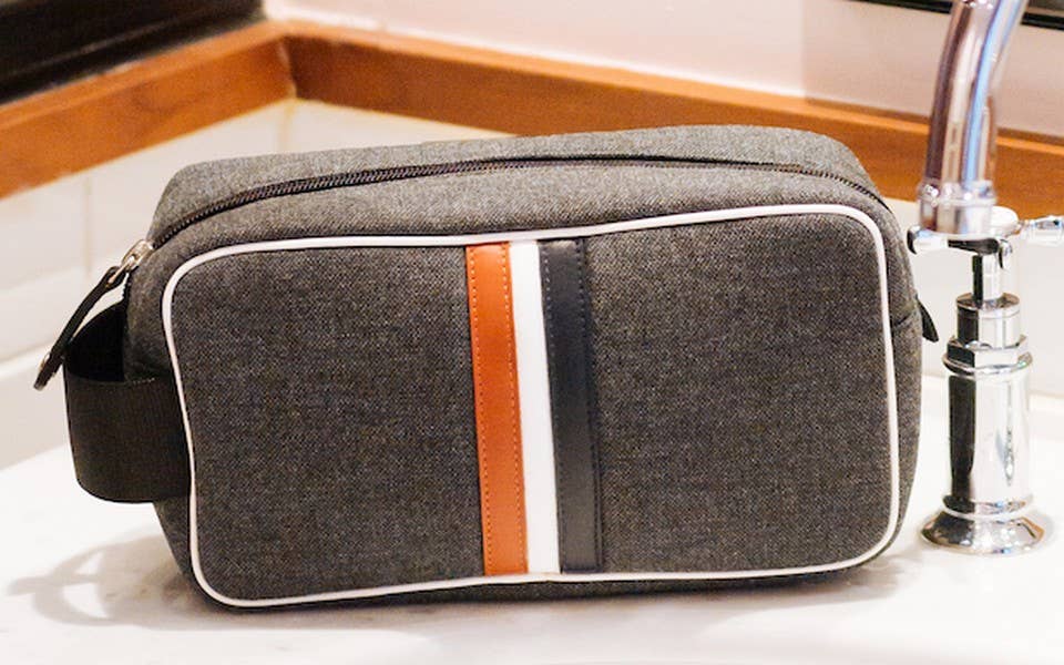 Men toiletry bagin Gray Red White Blue  fabric and leather