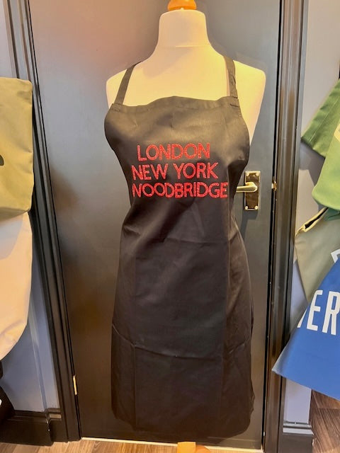 Black Apron, London New York Woodbridge Red Letters