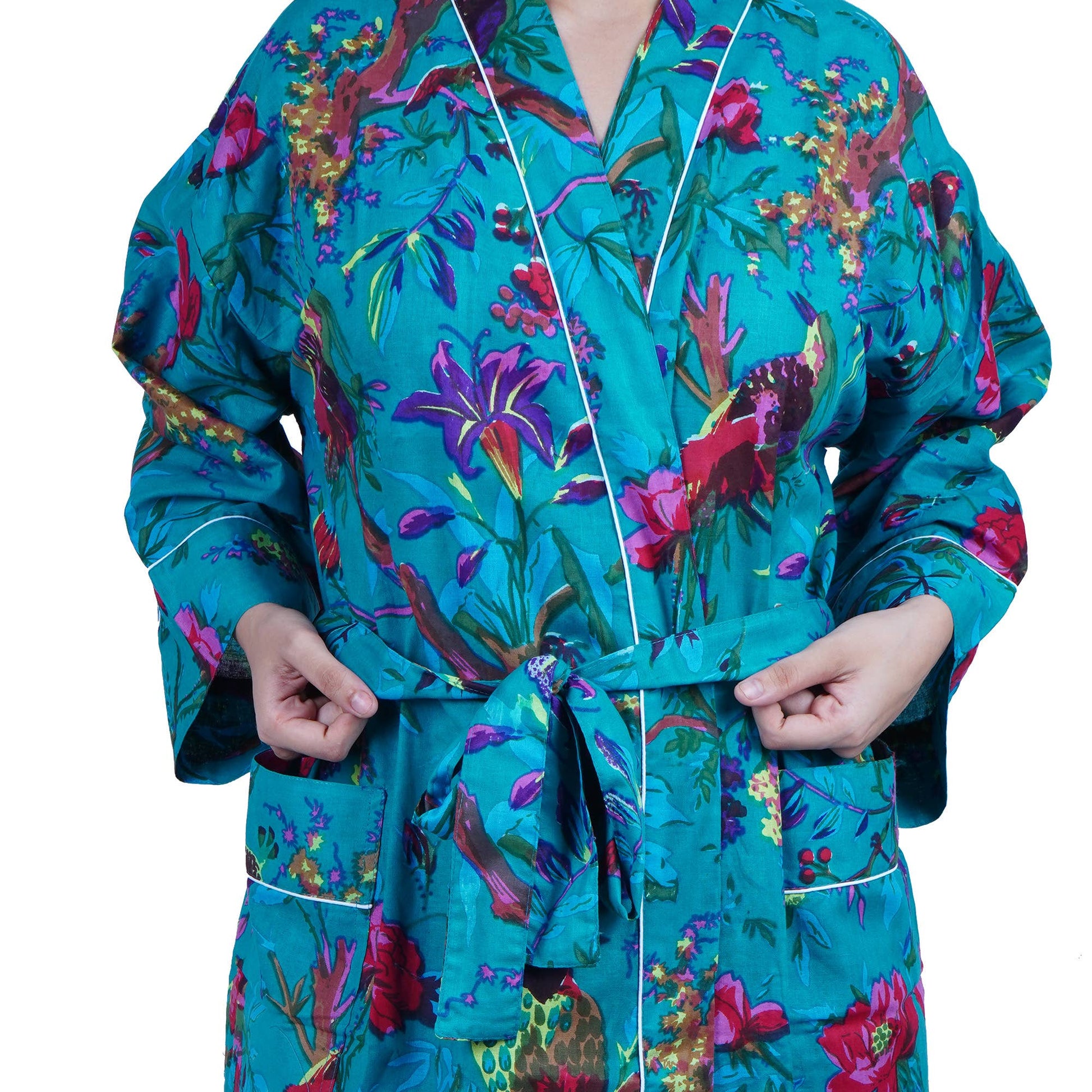 Cotton Kimono Dressing Gown - Teal Blue Birds