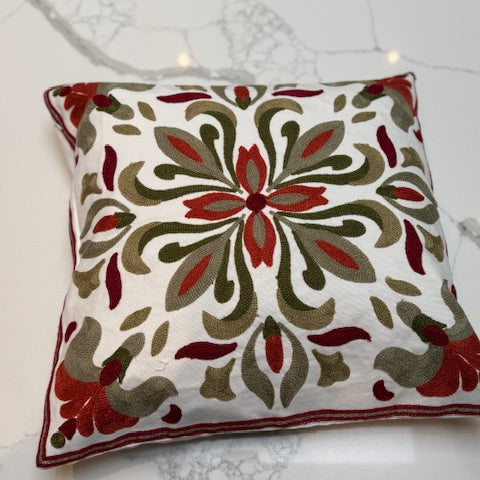 Green & Deep Red Embroidered Cushion