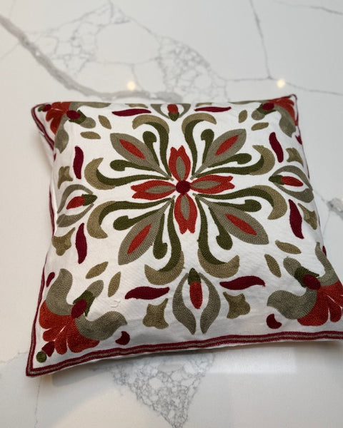 Green & Deep Red Embroidered Cushion