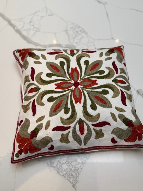 Green & Deep Red Embroidered Cushion