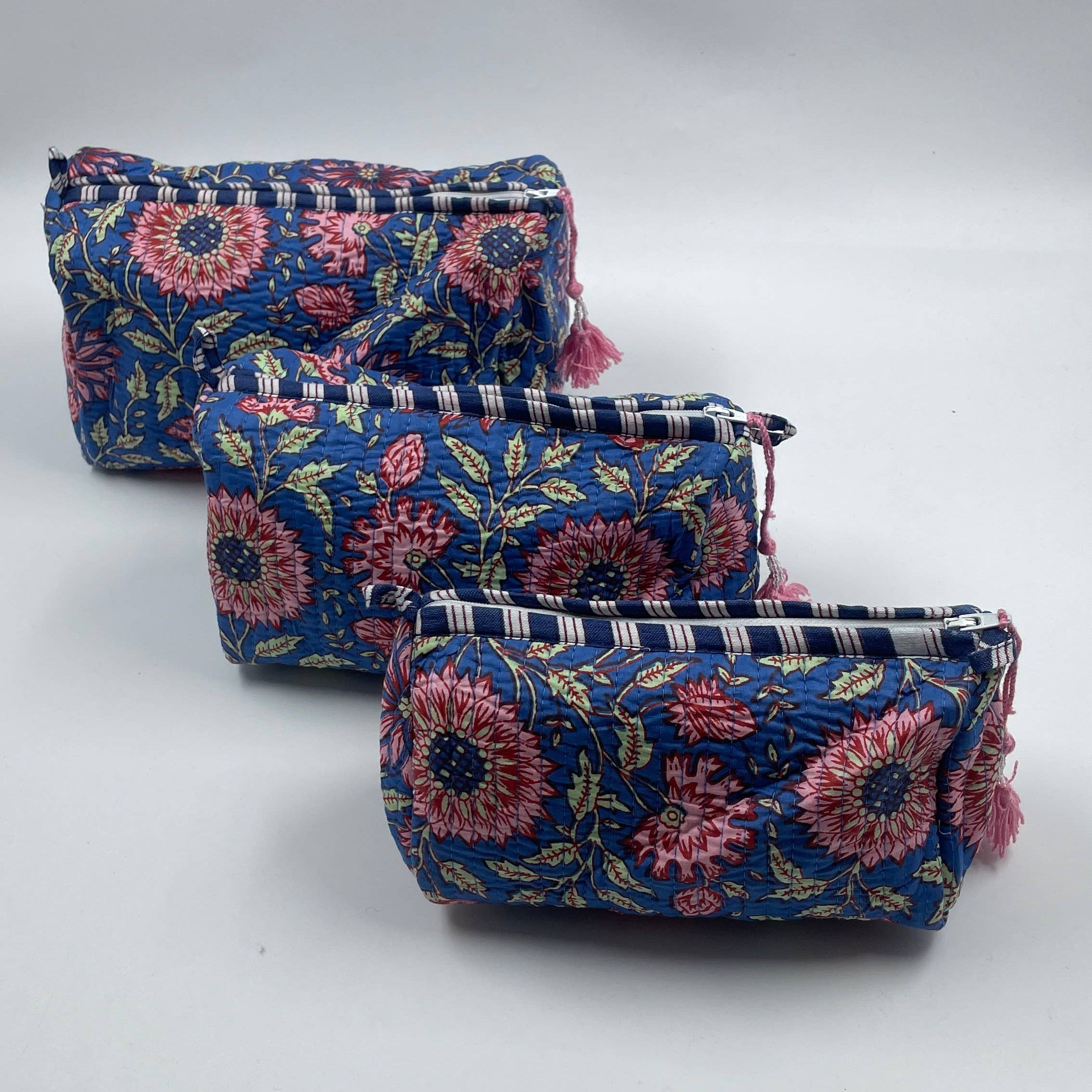 Pretty Floral  cotton  quilted wash bag - set of three -  small, medium,  large