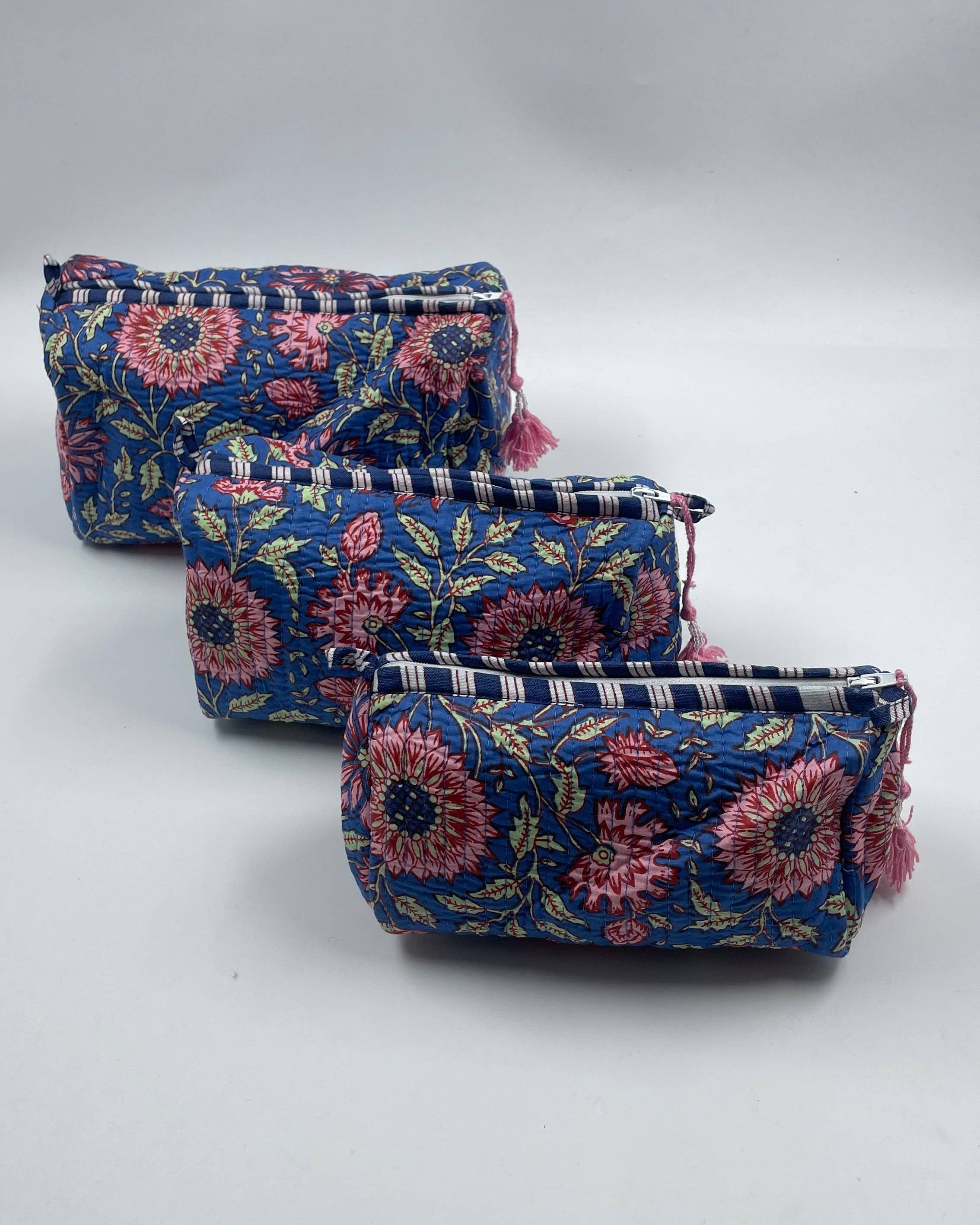 Pretty Floral  cotton  quilted wash bag - set of three -  small, medium,  large
