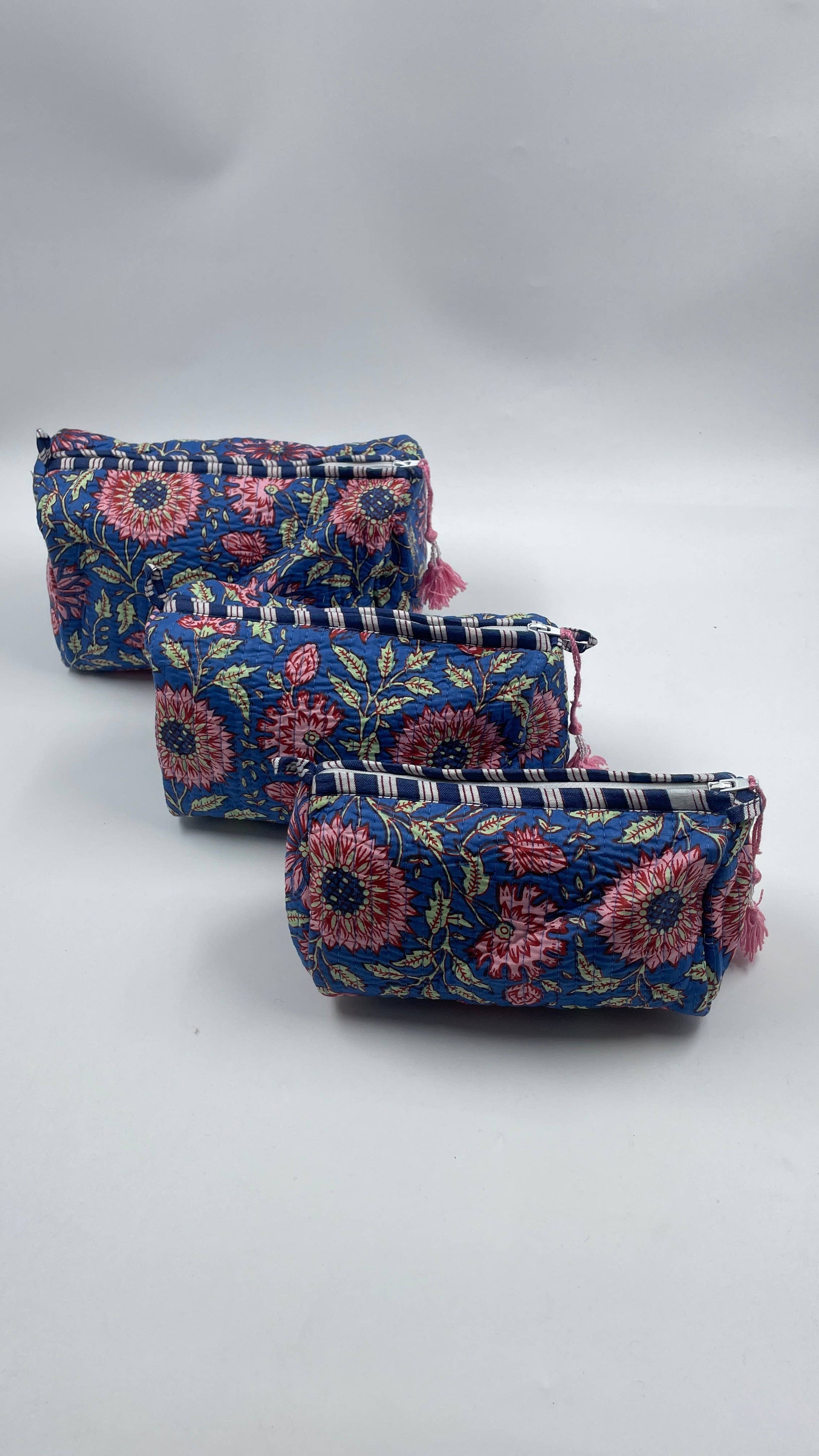 Pretty Floral  cotton  quilted wash bag - set of three -  small, medium,  large