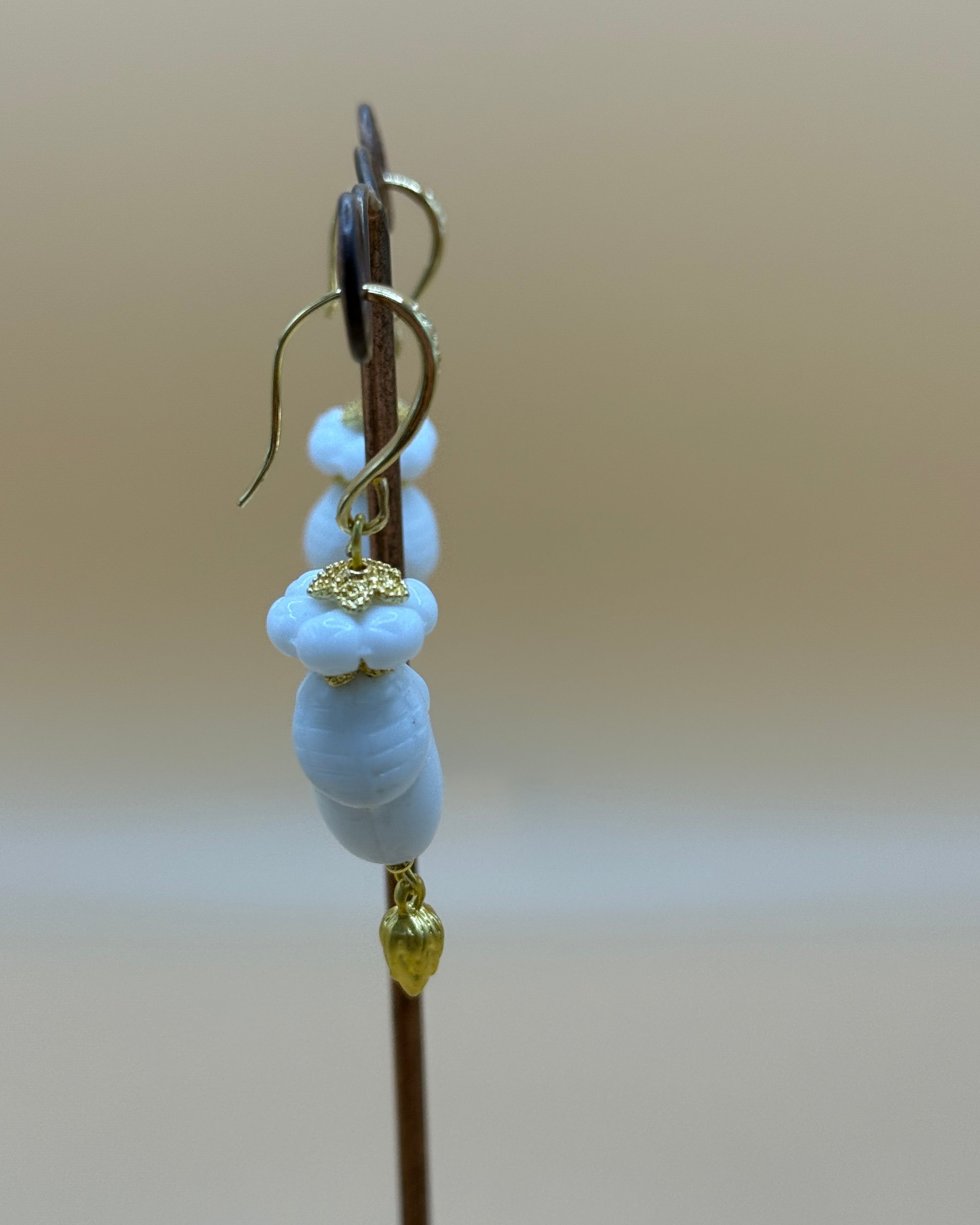 White ceramic botanical bead drop earrings with gold