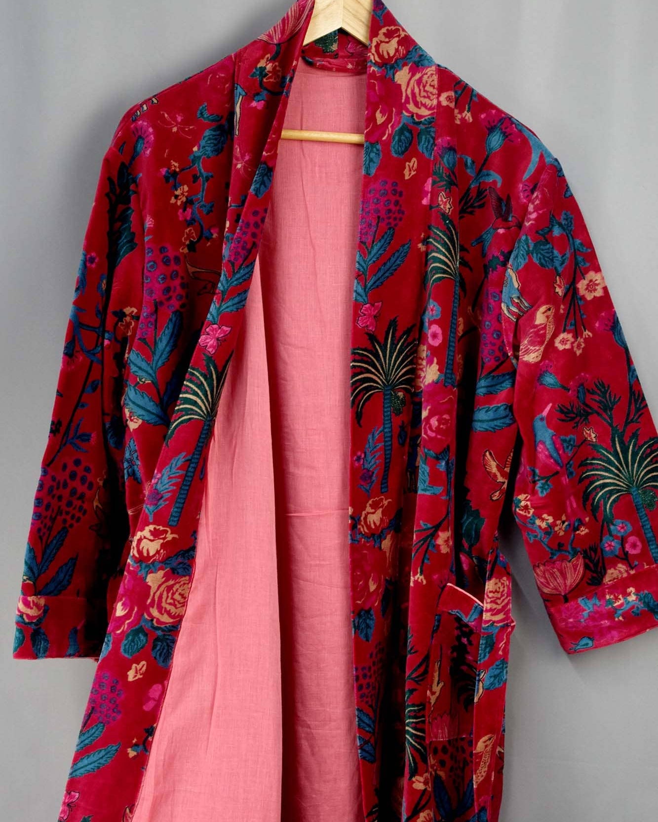 Velvet Kimono With Lining Gown - Maroon Red Tropical Floral