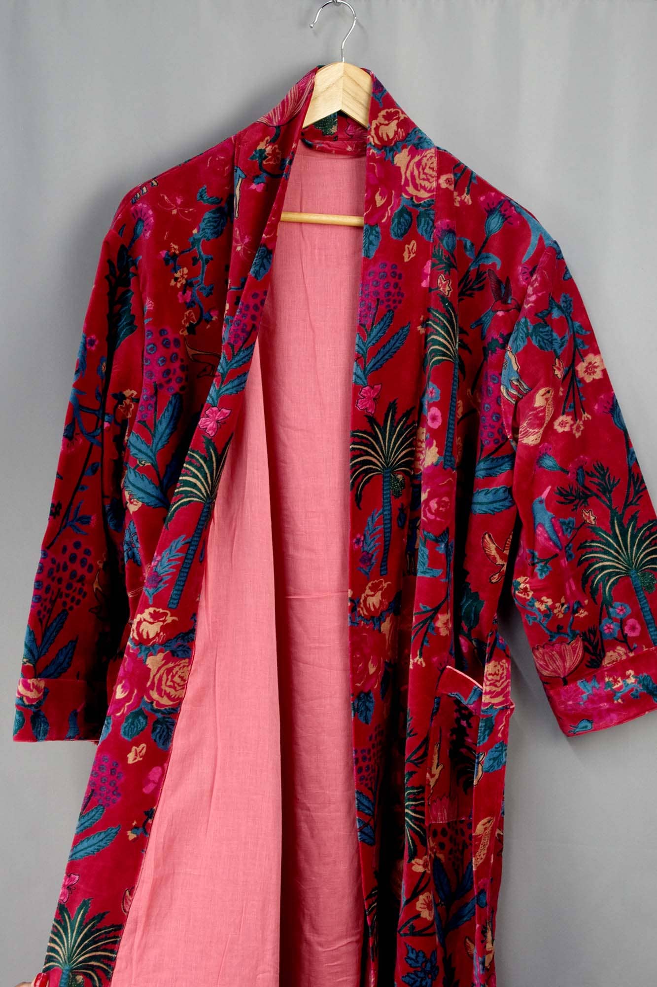 Velvet Kimono With Lining Gown - Maroon Red Tropical Floral